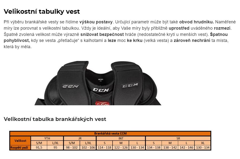 Velikostní tabulky CCM brankářská vesta Eflex 5.9 SR