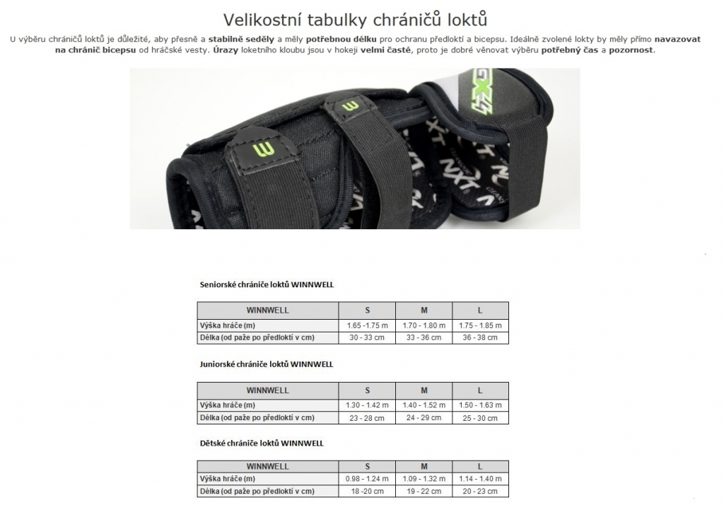 Velikostní tabulky WINNWELL lokty AMP 500 SR